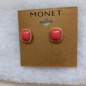 NWT- Monet earrings, coral, with gold plating surrounding the stone.